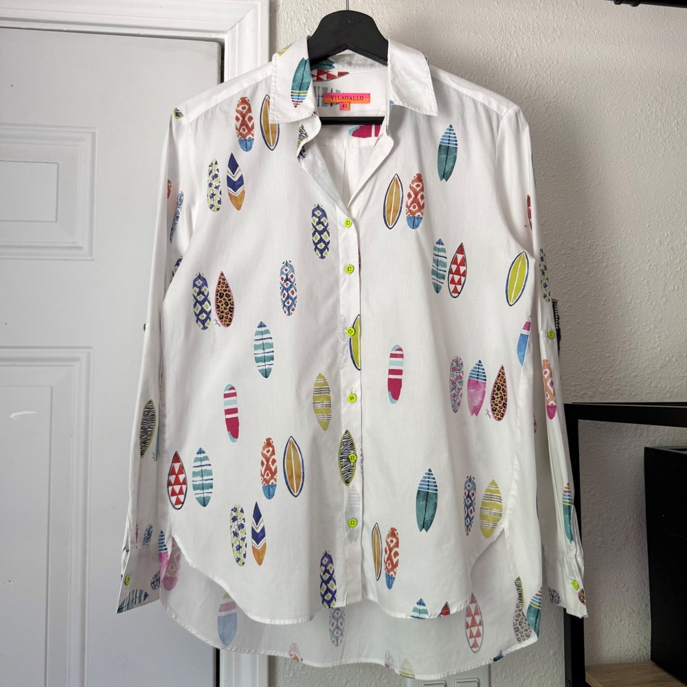 VILAGALLO white feather rainbow watercolor print long sleeve‎ button up shirt